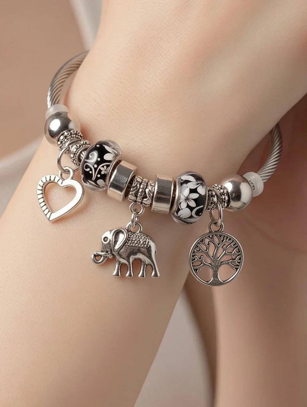 Elephant Charm Bracelet Tree of Life Silver Bangle Boho Symbolic Jewelry Gift